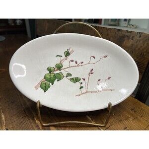 Artist Signed Pottery White Ceramic Hand Painted Vine Oval Plate Dish Italy